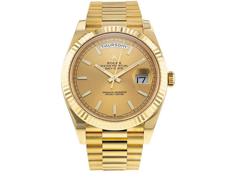 Rolex Day-Date 40mm 228238 Mens Yellow Gold Automatic Champagne 1 Year Warranty: Rolex Day-Date 40mm 228238 Mens Yellow Gold Automatic Champagne 1 Year Warranty SKU: RBJ333613577263-E Condition: Never Worn Model: Day-Date 40mm Final Sale: THIS ITEM IS FINAL SALE AND NOT RETURNABLE