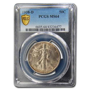 1938-D Walking Liberty Half Dollar MS-64 PCGS: 1938-D Walking Liberty Half Dollar MS-64 PCGS Product ID: 118402 Year: 1938 Grade Service: PCGS Denomination: $0.50 Metal Content: 0.3617 troy oz Purity: .900 Thickness: 2.15 mm Diameter: