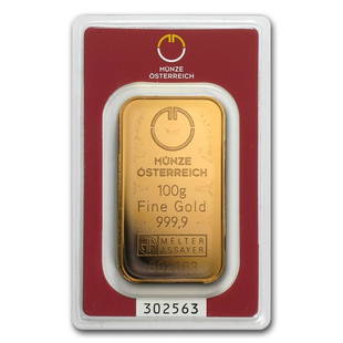 100 gram Gold Bar - Austrian Mint (In Assay): 100 gram Gold Bar - Austrian Mint (In Assay) Product ID: 78380 Year: N/A Grade: None Grade Service: Assay Card Denomination: 100 grams Mint Mark: N/A - Not Available Metal Content: 3.215 troy