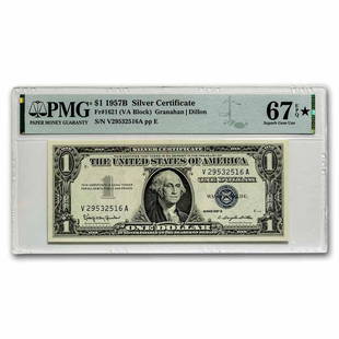 1957-B* $1 Silver Cert Gem CU-67 EPQ PMG (Fr#1621*) Star Note: 1957-B* $1 Silver Cert Gem CU-67 EPQ PMG (Fr#1621*) Star Note Product ID: 243248 Year: 1957 Grade: (PMG) Superb Gem Unc - 67 Grade Service: PMG Denomination: 1 Dollar Mint Mark: N/A - Not