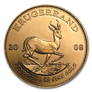 2008 South Africa 1 oz Gold Krugerrand BU: 2008 South Africa 1 oz Gold Krugerrand BU Product ID: 45098 Year: 2008 Grade: Brilliant Unc Grade Service: None Mint Mark: Not Shown Metal Content: 1 troy oz Purity: .9167 Thickness: 2.84 mm 