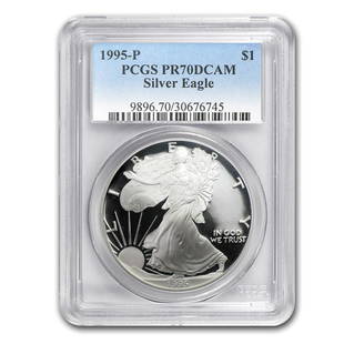 1995-P Proof American Silver Eagle PR-70 PCGS: 1995-P Proof American Silver Eagle PR-70 PCGS Product ID: 23678 Year: 1995 Grade Service: PCGS Denomination: $1.00 Metal Content: 1 troy oz Purity: .999 Thickness: 2.98 mm Diameter: 40.6 mm