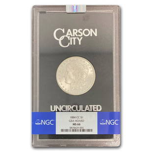 1884-CC Morgan Dollar MS-66 NGC (GSA): 1884-CC Morgan Dollar MS-66 NGC (GSA) Product ID: 24535 Year: 1884 Grade Service: GSA-Packaging Denomination: $1.00 Metal Content: 0.7734 troy oz Purity: .900 Thickness: 3.1 mm Diameter: 38.1