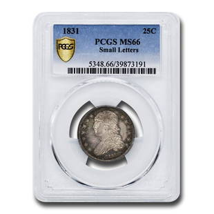 1831 Capped Bust Quarter MS-66 PCGS (Small Letters): 1831 Capped Bust Quarter MS-66 PCGS (Small Letters) Product ID: 230781 Year: 1831 Grade Service: PCGS Denomination: $0.25 Metal Content: 0.1934 troy oz Purity: Unknown Diameter: 24.3 mm