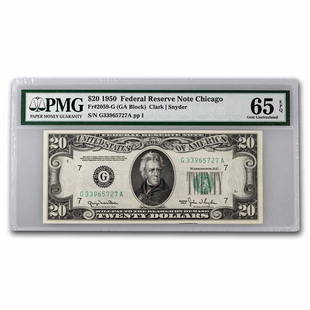 1950 (G-Chicago) $20 FRN CU-65 EPQ PMG (Fr#2059-G): 1950 (G-Chicago) $20 FRN CU-65 EPQ PMG (Fr#2059-G) Product ID: 249999 Year: 1950 Grade: (PMG) Gem Unc - 65 Grade Service: PMG Denomination: 20 Dollars Mint Mark: G - Chicago Metal Content: 0