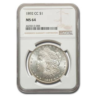 1892-CC Morgan Dollar MS-64 NGC: 1892-CC Morgan Dollar MS-64 NGC Product ID: 115780 Year: 1892 Grade Service: NGC Denomination: $1.00 Metal Content: 0.7734 troy oz Purity: .900 Thickness: 3.1 mm Diameter: 38.1 mm