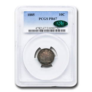 1885 Liberty Seated Dime PR-67 PCGS CAC: 1885 Liberty Seated Dime PR-67 PCGS CAC Product ID: 238857 Year: 1885 Grade Service: PCGS Denomination: $0.10 Metal Content: 0.0723 troy oz Purity: .900 Diameter: 17.9 mm