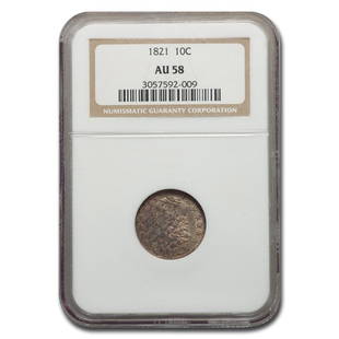 1821 Capped Bust Dime AU-58 NGC: 1821 Capped Bust Dime AU-58 NGC Product ID: 245517 Year: 1821 Grade Service: NGC Denomination: $0.10 Metal Content: 0.0774 troy oz Purity: Unknown Diameter: 18.8 mm