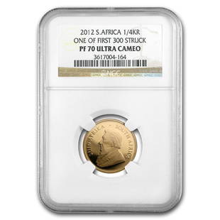 2012 S. Africa 1/4 oz Gold Krugerrand PF-70 NGC (1st 300 Struck): 2012 S. Africa 1/4 oz Gold Krugerrand PF-70 NGC (1st 300 Struck) Product ID: 91258 Year: 2012 Grade Service: NGC Metal Content: 0.25 troy oz Purity: .9167 Thickness: 1.9 mm Diameter: 22 mm