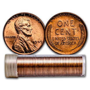 1949 Lincoln Cent 50-Coin Roll BU: 1949 Lincoln Cent 50-Coin Roll BU Product ID: 38572 Year: 1949 Grade: Brilliant Unc Grade Service: None Denomination: $0.01 Mint Mark: P - Philadelphia (Not Shown) Metal Content: 0 troy oz 