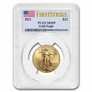 2022 1/2 oz American Gold Eagle MS-69 PCGS (FirstStrike): 2022 1/2 oz American Gold Eagle MS-69 PCGS (FirstStrike) Product ID: 240809 Year: 2022 Grade: MS-69 Grade Service: PCGS Denomination: 25 Dollars Mint Mark: W - West Point (Not Shown) Metal