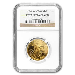 1999-W 1/2 oz Proof American Gold Eagle PF-70 UCAM NGC: 1999-W 1/2 oz Proof American Gold Eagle PF-70 UCAM NGC Product ID: 19357 Year: 1999 Grade Service: NGC Denomination: 25 Dollars Metal Content: 0.5 troy oz Purity: .9167 Thickness: 2.24 mm 