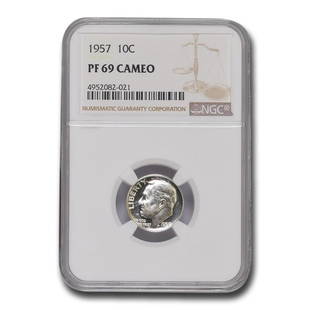 1957 Roosevelt Dime PF-69 Cameo NGC: 1957 Roosevelt Dime PF-69 Cameo NGC Product ID: 226538 Year: 1957 Grade Service: NGC Denomination: $0.10 Metal Content: 0.0723 troy oz Purity: .900 Diameter: 17.9 mm