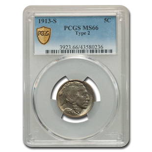 1913-S Buffalo Nickel Type-II MS-66 PCGS: 1913-S Buffalo Nickel Type-II MS-66 PCGS Product ID: 175695 Year: 1913 Grade Service: PCGS Denomination: $0.05 Metal Content: 0 troy oz Purity: None Thickness: 1.95 mm Diameter: 21.2 mm