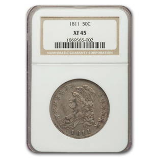 1811 Bust Half Dollar XF-45 NGC (Small 8): 1811 Bust Half Dollar XF-45 NGC (Small 8) Product ID: 171276 Year: 1811 Grade Service: NGC Denomination: $0.50 Metal Content: 0.3868 troy oz Purity: .8924 Thickness: 2.15 mm Diameter: 32.5 mm