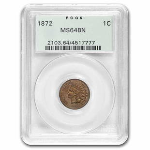 1872 Indian Head Cent MS-64 PCGS (Brown): 1872 Indian Head Cent MS-64 PCGS (Brown) Product ID: 155256 Year: 1872 Grade Service: PCGS Denomination: $0.01 Metal Content: 0 troy oz Purity: 0 Thickness: 1.5 mm Diameter: 19.00 mm