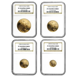 1998-W 4-Coin Proof American Gold Eagle Set PF-70 NGC: 1998-W 4-Coin Proof American Gold Eagle Set PF-70 NGC Product ID: 75109 Year: 1998 Grade: Proof - 70 UCAM Grade Service: NGC Denomination: $5, $10, $25, $50 Mint Mark: W - West Point Metal