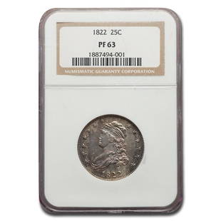 1822 Capped Bust Quarter PF-63 NGC: 1822 Capped Bust Quarter PF-63 NGC Product ID: 250171 Year: 1822 Grade Service: NGC Denomination: $0.25 Metal Content: 0.1933 troy oz Purity: Unknown Diameter: 27 mm
