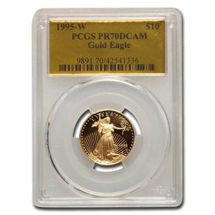 1995-W 1/4 oz Proof American Gold Eagle PR-70 PCGS (Gold Foil): 1995-W 1/4 oz Proof American Gold Eagle PR-70 PCGS (Gold Foil) Product ID: 243423 Year: 1995 Grade Service: PCGS Denomination: $10 Metal Content: 0.25 troy oz Purity: .9167 Thickness: 1.83 mm 
