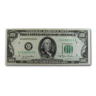 1950s $100 FRN CU (District of Our Choice): 1950s $100 FRN CU (District of Our Choice) Product ID: 218435 Year: 1950 Grade: (U) Crisp Unc Grade Service: None Denomination: $100 Mint Mark: Varies Metal Content: 0 troy oz Purity: N/A