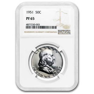 1951 Franklin Half Dollar PF-65 NGC: 1951 Franklin Half Dollar PF-65 NGC Product ID: 173202 Year: 1951 Grade Service: NGC Denomination: $0.50 Metal Content: 0.3617 troy oz Purity: .900 Thickness: 2.15 mm Diameter: 30.6 mm