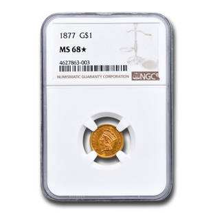 1877 $1 Indian Head Gold MS-68* NGC: 1877 $1 Indian Head Gold MS-68* NGC Product ID: 246744 Year: 1877 Grade Service: NGC Denomination: $1.00 Metal Content: 0.0484 troy oz Purity: .900 Diameter: 15 mm