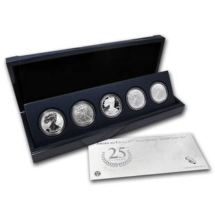 2011 5-Coin American Silver Eagle Set (25th Anniv, w/Box & COA): 2011 5-Coin American Silver Eagle Set (25th Anniv, w/Box & COA) Product ID: 65407 Year: 2011 Grade: BU &/or Proof Grade Service: None Denomination: $1.00 Dollar Mint Mark: W - West Point (Not
