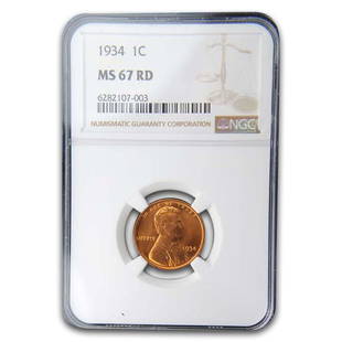1934 Lincoln Cent MS-67 NGC (Red): 1934 Lincoln Cent MS-67 NGC (Red) Product ID: 132968 Year: 1934 Grade Service: NGC Denomination: $0.01 Metal Content: 0 troy oz Purity: N/A Thickness: 1.50 mm Diameter: 19 mm