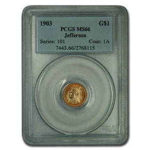 1903 Gold $1.00 Louisiana Purchase Jefferson MS-66 PCGS: 1903 Gold $1.00 Louisiana Purchase Jefferson MS-66 PCGS Product ID: 117729 Year: 1903 Grade Service: PCGS Denomination: $1.00 Metal Content: 0.0483 troy oz Purity: .900 Thickness: 0.76 mm 