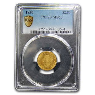 1850 $2.50 Liberty Gold Quarter Eagle MS-63 PCGS: 1850 $2.50 Liberty Gold Quarter Eagle MS-63 PCGS Product ID: 244161 Year: 1850 Grade Service: PCGS Denomination: $2.50 Metal Content: 0.1209 troy oz Purity: .900 Diameter: 18 mm