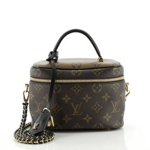 Louis Vuitton Vanity Handbag Reverse Monogram Canvas PM: Louis Vuitton Vanity Handbag Reverse Monogram Canvas PM Exterior Color: Brown Interior Color: Black Exterior Material: Canvas Coated Interior Material: Microfiber Hardware Color: Gold 