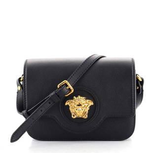 Versace La Medusa Flap Shoulder Bag Leather Small: Versace La Medusa Flap Shoulder Bag Leather Small Ref. no: HB.VS.LMRG.LE.SM Item No: 133556/1 SIZE AND FIT: 8"W x 6"H x 3"D, 19-21" strap drop Exterior Color: Black Interior Color: