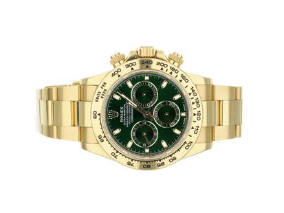 Rolex Cosmograph Daytona Green Dial 18K Yellow Gold Case & Bracelet 40mm: Rolex Cosmograph Daytona Green Dial 18K Yellow Gold Case & Bracelet 40mm SKU: RBJ304432552274-E Brand: Rolex Condition: Pre-Owned Model: Rolex Cosmograph Daytona Item Specifics:Band Color:
