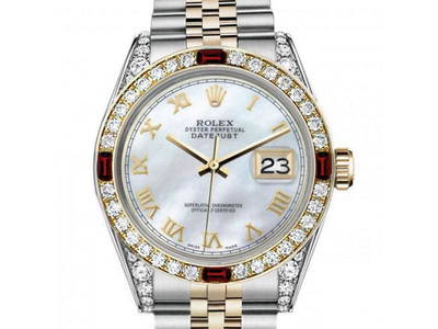 Womens Rolex 31mm Datejust Two Tone Jubilee White MOP Mother Of Pearl Roman Numeral Dia Bezel + Lugs