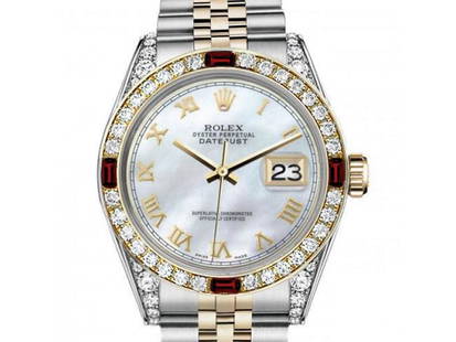 Womens Rolex 31mm Datejust Two Tone Jubilee White MOP Mother Of Pearl Roman Numeral Dia Bezel + Lugs: Womens Rolex 31mm Datejust Two Tone Jubilee White MOP Mother Of Pearl Roman Numeral Dia Bezel + Lugs + Rubies SKU: RBJ36013-E21A8 Brand: Rolex Condition: Pre-Owned Note: All Sales are