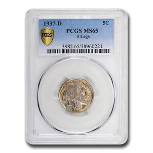 1937-D 3 Legged Buffalo Nickel MS-65 PCGS: 1937-D 3 Legged Buffalo Nickel MS-65 PCGS Product ID: RBG161601 Year: 1937 Grade Service: PCGS Denomination: $0.05 Metal Content: 0 troy oz Purity: Unknown Thickness: 1.95 mm 