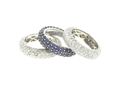 18k White Gold Pave Diamond & Tanzanite Eternity Band Three Stackable Rings