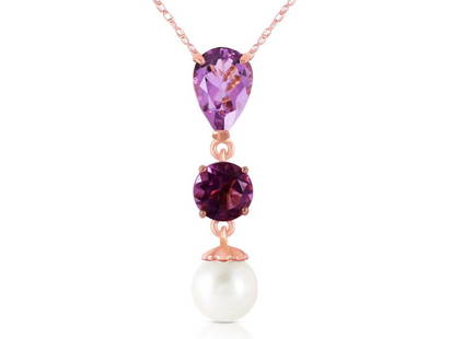 5.25 CTW 14K Solid Rose Gold Necklace Purple Amethyst Cultured Pearl: 5.25 CTW 14K Solid Rose Gold Necklace Purple Amethyst Cultured Pearl SKU: RBJ1452-R Brand Condition: Never Worn Metal: Rose Gold Size and Fit: 0.42in (10.7mm) 1.87in (47.5mm) Necklaces are a fun
