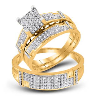 10kt Yellow Gold His Hers Round Diamond Square Matching Wedding Set 1/2 Cttw: 10kt Yellow Gold His Hers Round Diamond Square Matching Wedding Set 1/2 Cttw Metal Type10kt Yellow Gold Item Number93321 StyleSquaresRing SizeRing size selectableCarats Total Weight