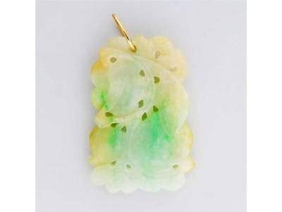 Antique Natural Jadeite Jade Green White Carved Pendant 14k