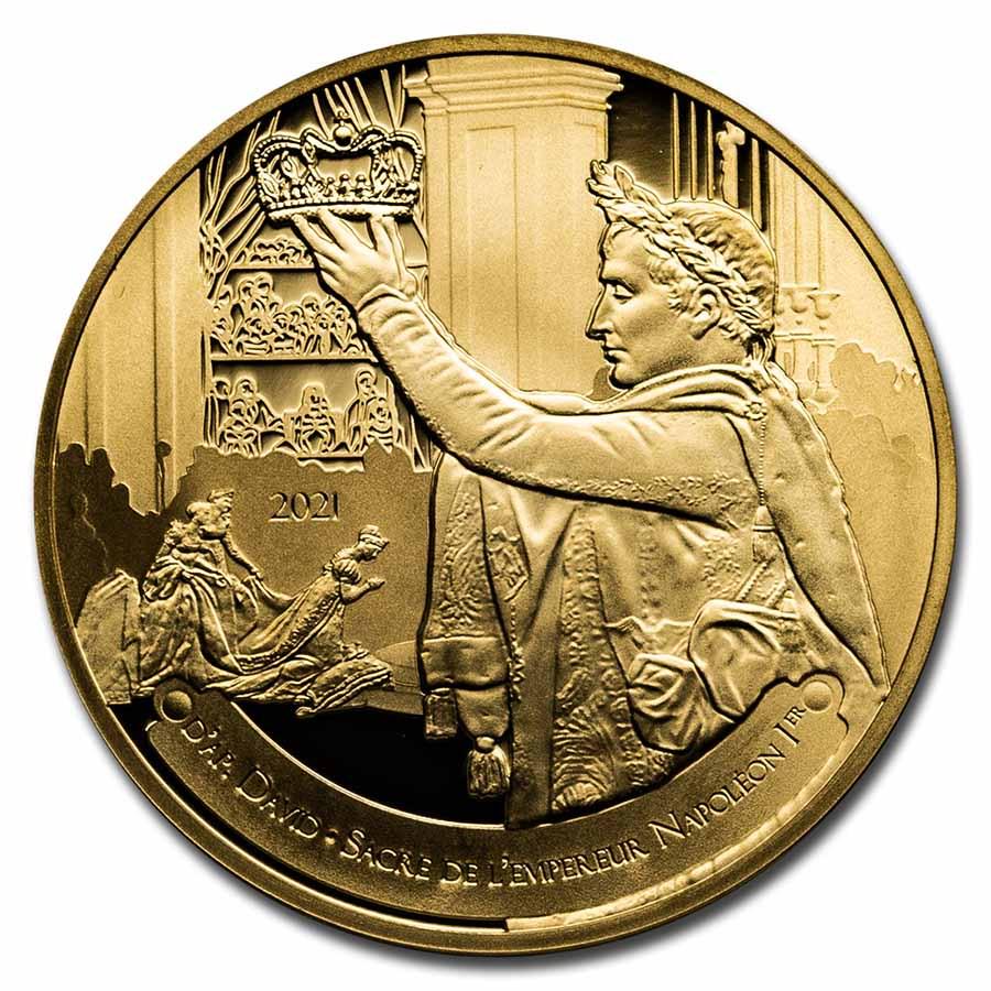2021 1/4 oz Pf Gold 50 The Louvre (The Coronation by David): 2021 1/4 oz Pf Gold 50 The Louvre (The Coronation by David) Product ID: 231919 Year: 2021 Grade: Proof Grade Service: None Denomination: 50 Euros Mint Mark: Not Shown Metal Content: 0.25 troy oz <br