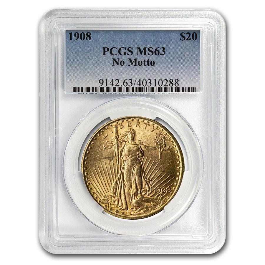 1908 $20 Saint-Gaudens Gold Double Eagle No Motto MS-63 PCGS: 1908 $20 Saint-Gaudens Gold Double Eagle No Motto MS-63 PCGS Product ID: 4377 Year: 1908 Grade Service: PCGS Denomination: $20.00 Metal Content: 0.9675 troy oz Purity: .900 Thickness: 2.41 mm Di