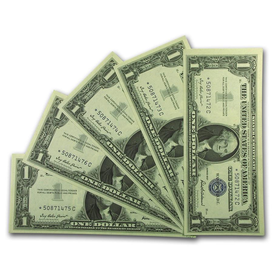 1957* $1 Silver Certificate CU (Fr#1619*) Star Notes, 5 Consec: 1957* $1 Silver Certificate CU (Fr#1619*) Star Notes, 5 Consec Product ID: 92675 Year: 1957 Grade: (U) Crisp Unc Grade Service: None Denomination: $1.00 Dollar Mint Mark: N/A - Not Available Metal Con
