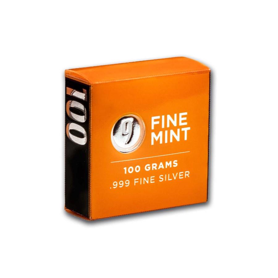 100 gram Cast-Poured Silver Bar - 9Fine Mint: 100 gram Cast-Poured Silver Bar - 9Fine Mint SKU: RBJ156278 Grade: None Grade Service: None Mint Mark: N/A - Not Available Metal Content: 3.215 troy oz Purity: .999 Thickness: 10 mm <