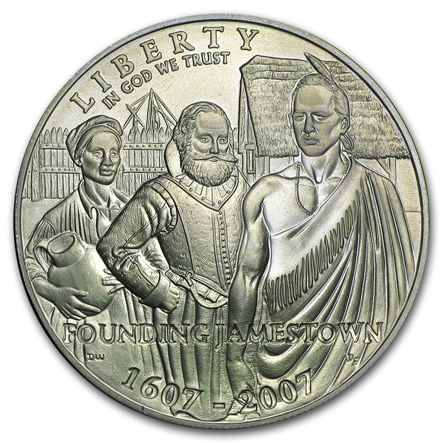 2007-P Jamestown 400th Anniv $1 Silver Commem BU (Capsule only): 2007-P Jamestown 400th Anniv $1 Silver Commem BU (Capsule only) SKU: RBJ42826 Year: 2007 Grade: Brilliant Unc Grade Service: None Denomination: $1.00 Dollar Mint Mark: P - Philadelphia Me