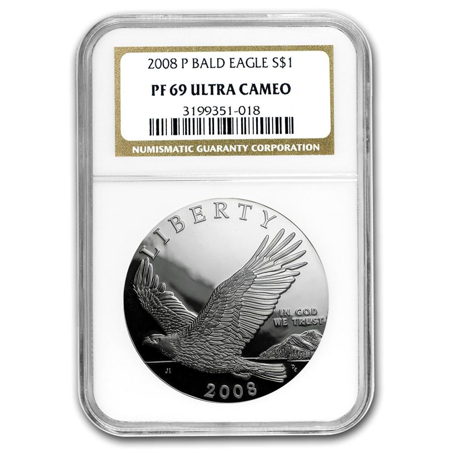 2008-P Bald Eagle $1 Silver Commem PF-69 NGC: 2008-P Bald Eagle $1 Silver Commem PF-69 NGC SKU: RBJ42939 Year: 2008 Grade Service: NGC Denomination: $1.00 Dollar Metal Content: 0.7734 troy oz Purity: .900 Thickness: 3.1 mm D
