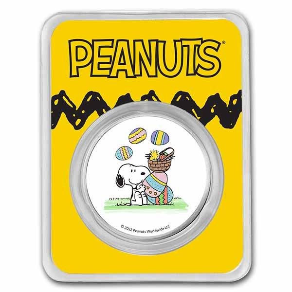 Peanuts Snoopy & Woodstock Easter Egg Hunt 1 oz Colorized Silver: Peanuts Snoopy & Woodstock Easter Egg Hunt 1 oz Colorized Silver SKU: RBJ230270 Year: N/A Grade: None Grade Service: None Mint Mark: N/A - Not Available Metal Content: 1 troy oz Purity: .
