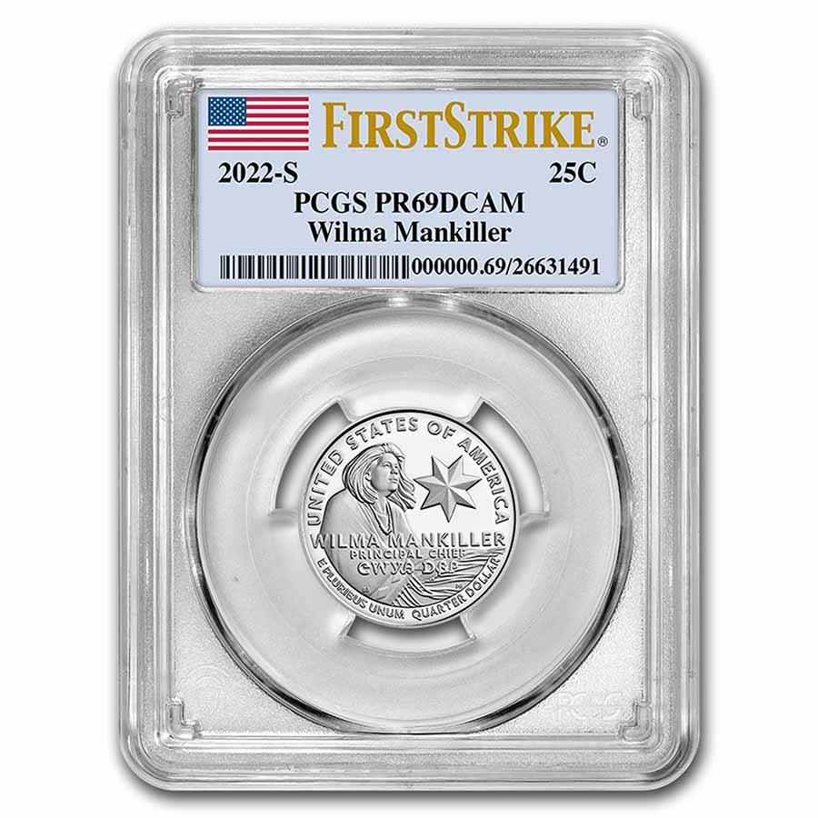 2022-S Wilma Mankiller Quarter Proof PR-69 PCGS (FS): 2022-S Wilma Mankiller Quarter Proof PR-69 PCGS (FS) SKU: RBJ249201 Year: 2022 Grade: Proof - 69 DCAM Grade Service: PCGS Denomination: 25 Cents Mint Mark: S - San Francisco Metal Content