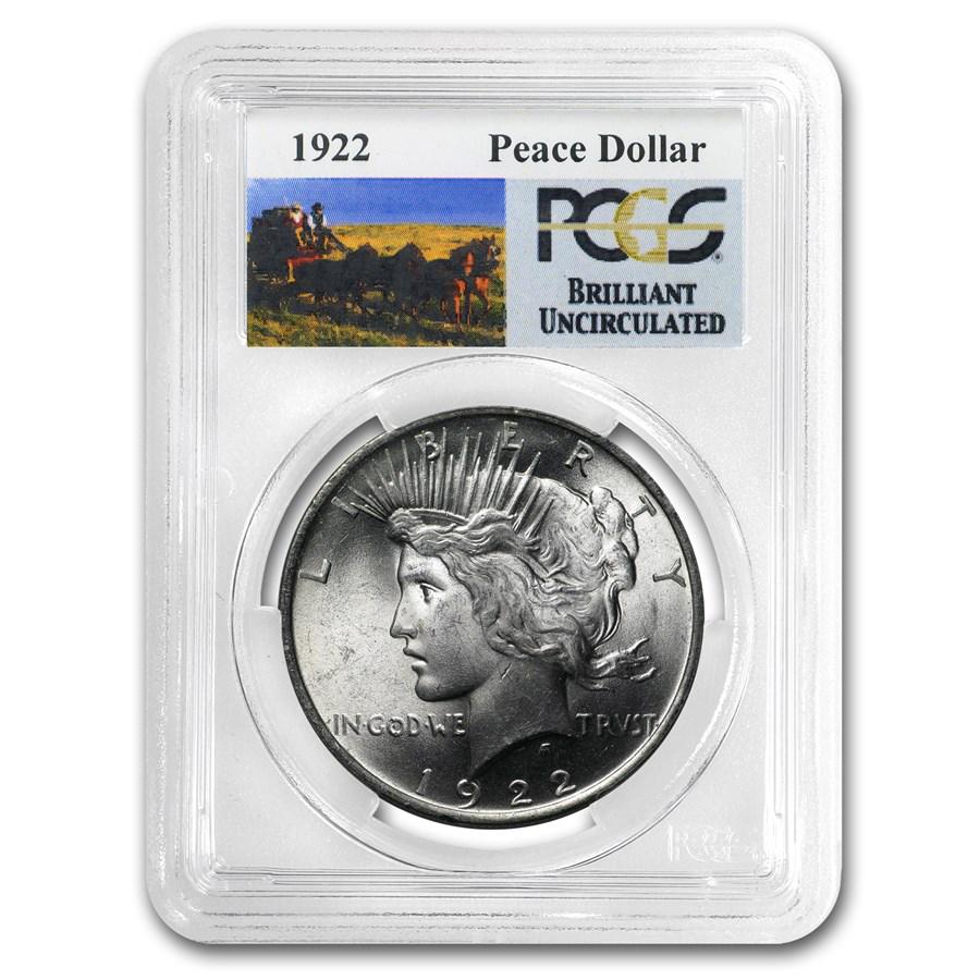 1922-1935 Stage Coach Peace Dollar BU PCGS: 1922-1935 Stage Coach Peace Dollar BU PCGS SKU: RBJ162668 Year: Random Grade: Brilliant Unc Grade Service: PCGS Denomination: $1.00 Mint Mark: Varies Metal Content: 0.7734 troy oz <br