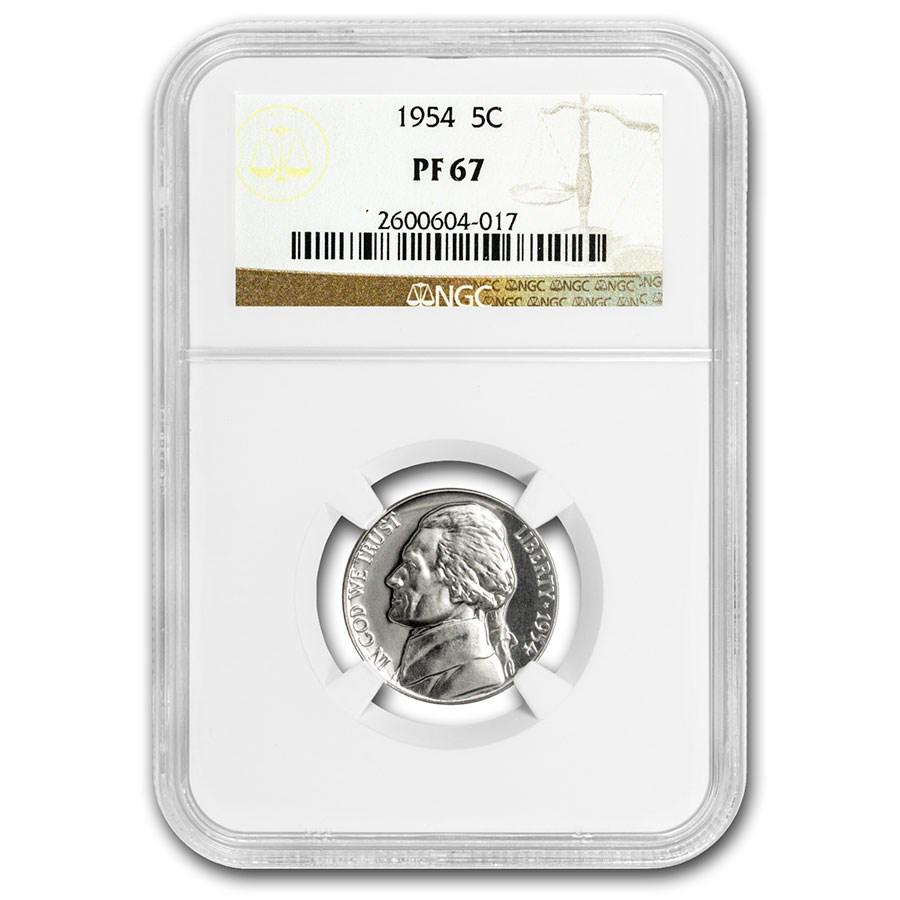 1954 Jefferson Nickel PF-67 NGC: 1954 Jefferson Nickel PF-67 NGC SKU: RBJ212093 Year: 1954 Grade: Proof - 67 Grade Service: NGC Denomination: $0.05 Mint Mark: P - Philadelphia (Not Shown) Metal Content: 0 troy oz